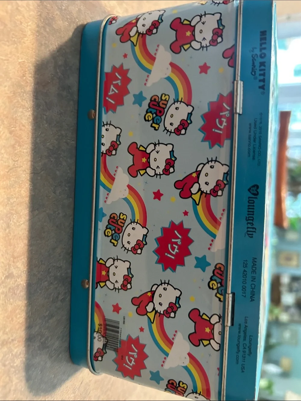 Hello Kitty Bright Blue Tin Case with Red Bow and Rainbow